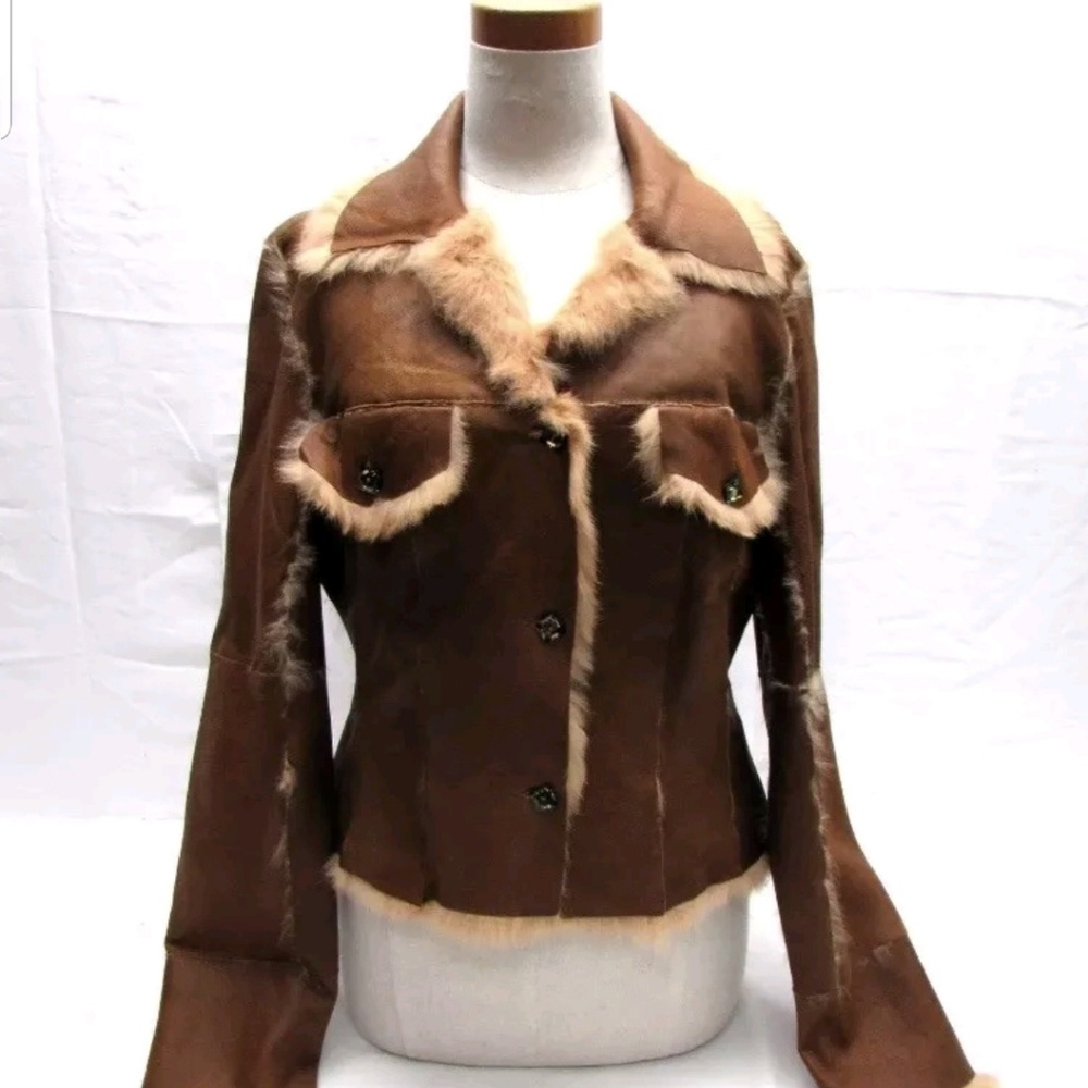 CACHE BROWN LEATHER AND RABBIT LINED JACKET
